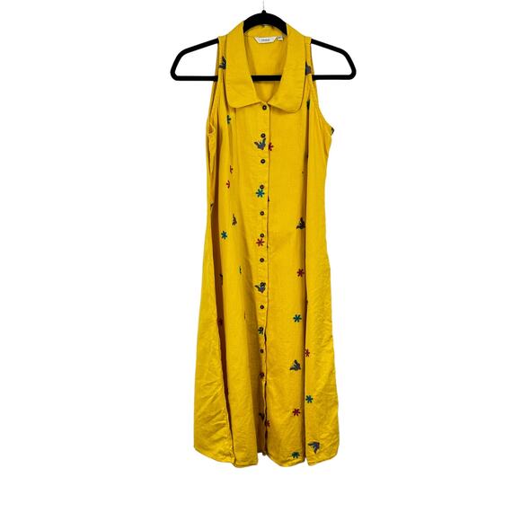 Max Sleeveless Button Front Dress M Yellow Floral Butterfly Cotton‎ Flax Blend - Picture 1 of 9